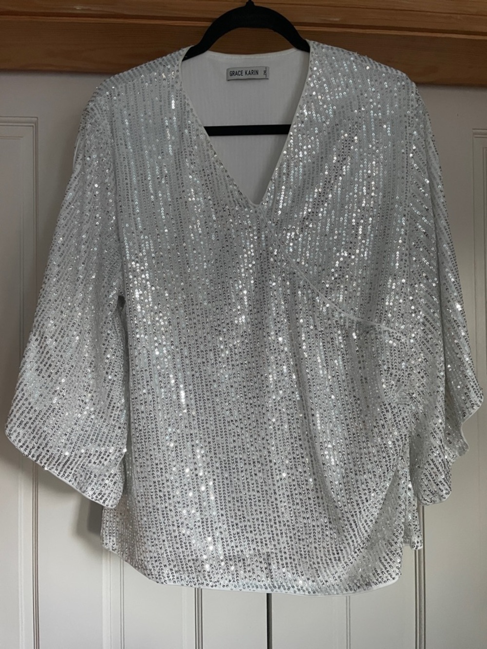 Grace Karin Silver Sequin Wrap-Style V-Neck Blouse